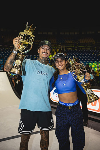 Campeões do SLS Super Crown 2024, Nyjah Huston e Rayssa Leal Crédito:  Dan Pellicciari 